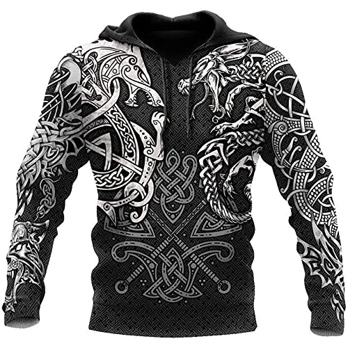 Herren Viking Tattoo Print Hoodies Lose Casual Viking 3D Hoodie Langarm Pullover Sweatshirt mit Tasche von kewing