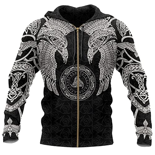 Herren Viking Zip Hoodie Nordische Mythologie Viking Tattoos Printed Sweatshirt Unisex Zip Pullover Lässige Strickjacke mit Taschen von kewing