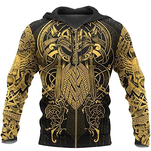 Herren Viking Zip Hoodie Nordische Mythologie Viking Tattoos Printed Sweatshirt Unisex Zip Pullover Lässige Strickjacke mit Taschen von kewing
