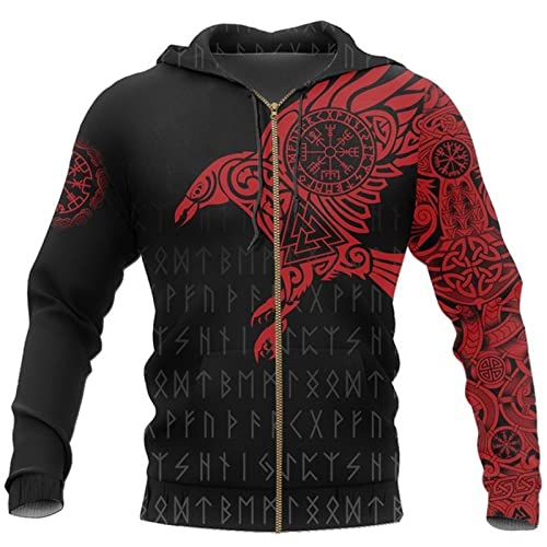 Herren Viking Zip Hoodie Nordische Mythologie Viking Tattoos Printed Sweatshirt Unisex Zip Pullover Lässige Strickjacke mit Taschen von kewing