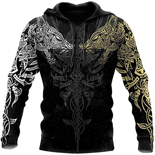 Herren Viking Zip Hoodie Nordische Mythologie Viking Tattoos Printed Sweatshirt Unisex Zip Pullover Lässige Strickjacke mit Taschen von kewing