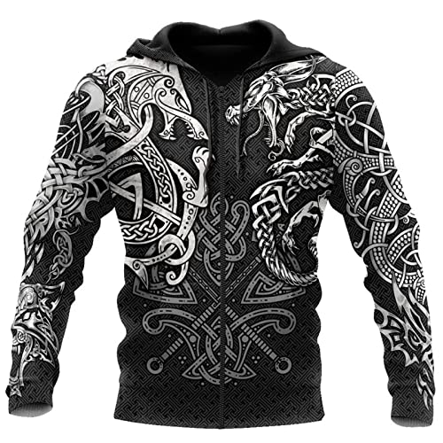 Herren Viking Zip Hoodie Nordische Mythologie Viking Tattoos Printed Sweatshirt Unisex Zip Pullover Lässige Strickjacke mit Taschen von kewing