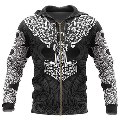 Herren Viking Zip Hoodie Nordische Mythologie Viking Tattoos Printed Sweatshirt Unisex Zip Pullover Lässige Strickjacke mit Taschen von kewing
