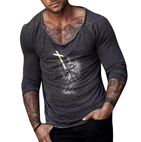 Herren Vintage Distressed T-Shirt Fashion Fun Tees 3D Grafik Lässiges Langarm Top mit V-Ausschnitt von kewing