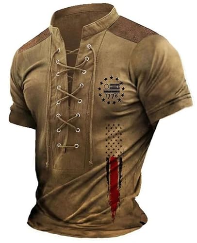 Herren Vintage-T-Shirt V-Ausschnitt mit Spitze und Stehkragen Henley-Shirts Mode Amerikanische Flagge Bedrucktes Kurzarm-T-Shirt Sommer Casual Top von kewing