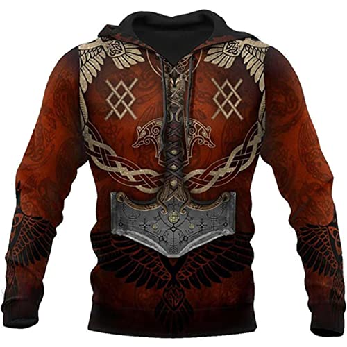 Herren Wikinger Hoodie Hip Hop Wikinger Tattoo 3D gedruckt Pullover Langarm Sweatshirt Casual Jacke Mantel von kewing