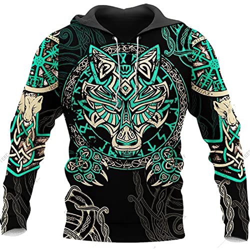 Herren Wikinger Hoodie Hip Hop Wikinger Tattoo 3D gedruckt Pullover Langarm Sweatshirt Casual Jacke Mantel von kewing