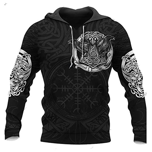 Herren Wikinger Hoodie Mode Casual Viking Tattoo 3D gedruckte Langarm Sweatshirt Pullover Jacke Mantel von kewing
