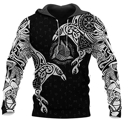 Herren Wikinger Hoodie Mode Casual Viking Tattoo 3D gedruckte Langarm Sweatshirt Pullover Jacke Mantel von kewing