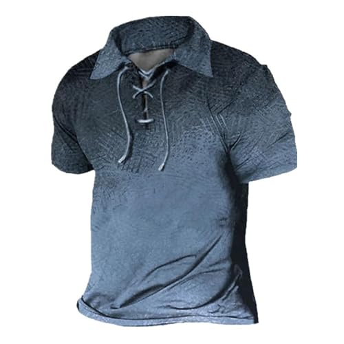 Kurzarm-Poloshirt mit V-Ausschnitt für Herren mit Schnürung Vintage Gradient Muster Polo T Shirt Retro Biker Motorrad Distressed Shirt Outdoor Pullover Tops von kewing