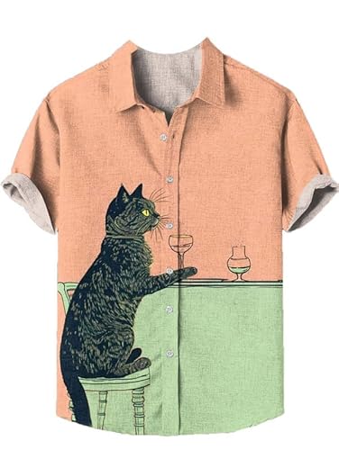 Männer 3D Lustige Katze Gedruckt Hemd Casual Button Down Kurzarm Hemden Regular Fit Revers Kragen Hemden Sommer Strand Urlaub Top von kewing