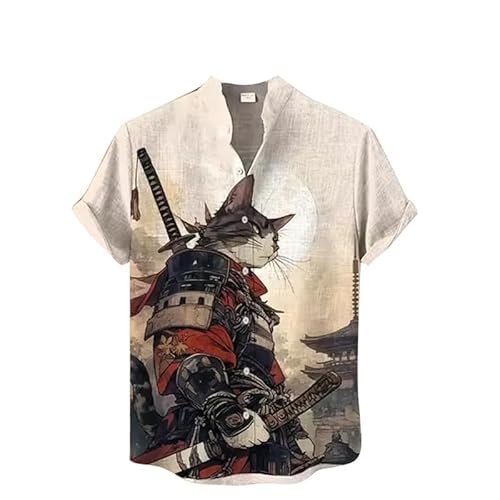 Männer Stehkragen Kurzarmhemden Vintage Japanese Samurai Tier Katze 3D gedruckt Button Down Shirt Sommer Casual Strand Urlaub Tops von kewing
