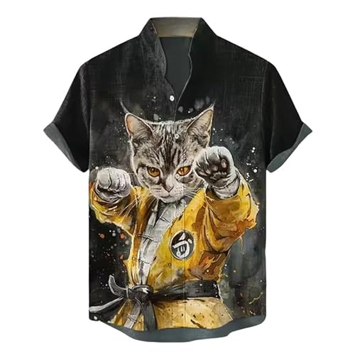 Männer Stehkragen Kurzarmhemden Vintage Japanese Samurai Tier Katze 3D gedruckt Button Down Shirt Sommer Casual Strand Urlaub Tops von kewing