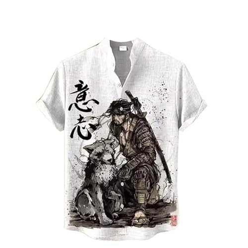 Männer Stehkragen Kurzarmhemden Vintage Japanese Samurai Tier Katze 3D gedruckt Button Down Shirt Sommer Casual Strand Urlaub Tops von kewing