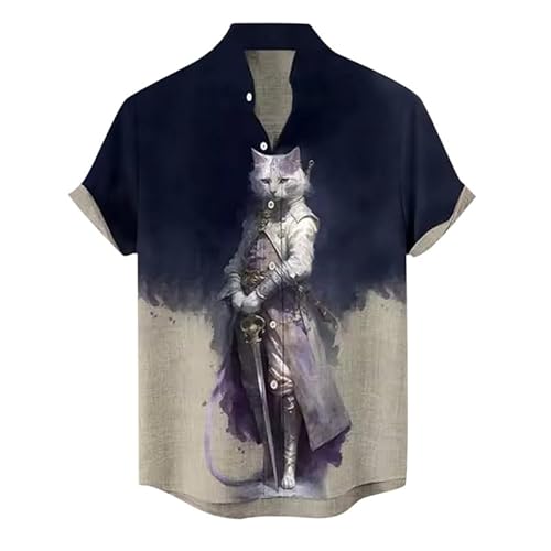 Männer Stehkragen Kurzarmhemden Vintage Japanese Samurai Tier Katze 3D gedruckt Button Down Shirt Sommer Casual Strand Urlaub Tops von kewing