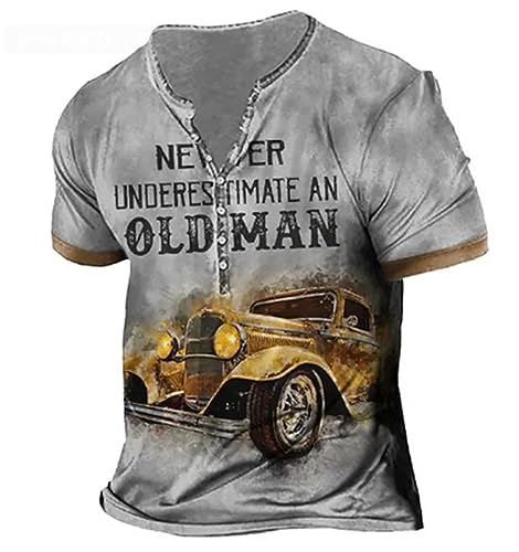 Never Underestimate An Old Man T-Shirt Herren Lustige Brief gedruckte Kurzarm Henley Hemden mit V-Ausschnitt und Button Down Henley Hemden von kewing