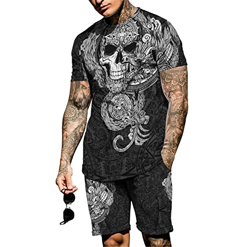 Sommer-Trainingsanzug für Herren, zweiteiliges Outfit-Set Viking Skull 3D-bedrucktes T-Shirt und Shorts, lässige, lockere Sportbekleidung von kewing