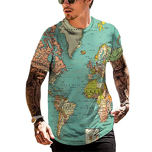 kewing 3D Digitaler Kartendruck T-Shirt Herren Kurzarm Sommer Rundhals Weltkarte Bedruckte T-Shirts Beiläufig Plus Size Streetwear von kewing