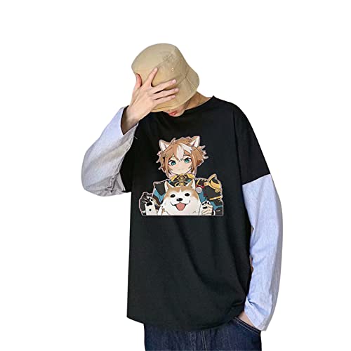 kewing Anime Genshin Impact Gorou Bedrucktes Langarm T-Shirt Streetwear Hip Hop Unisex Oversize Fake Two T-Shirts mit Streifen Sleeve von kewing