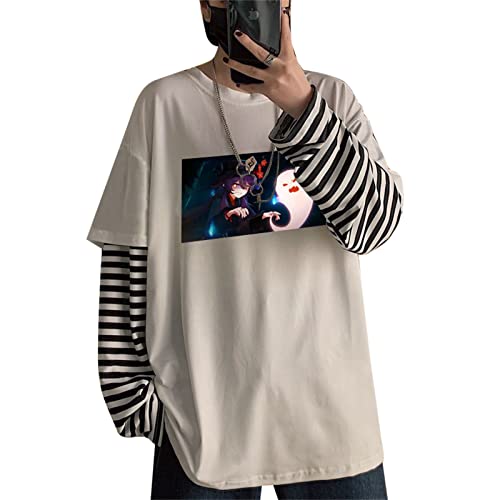 kewing Anime Genshin Impact Hu TAO Bedrucktes Langarm T-Shirt Streetwear Hip Hop Unisex Oversize Fake Two T-Shirts mit Streifen Sleeve von kewing