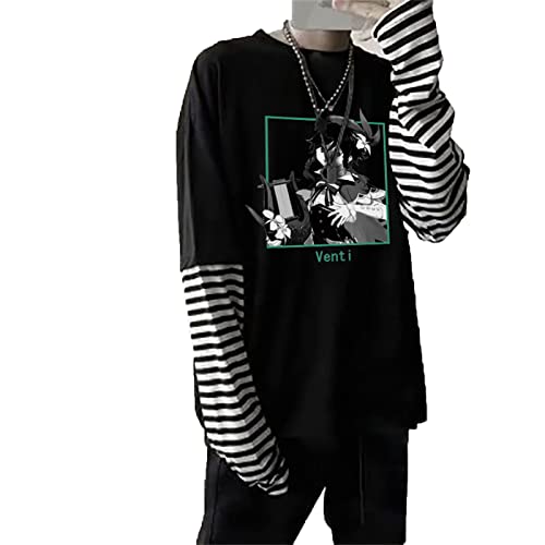 kewing Anime Genshin Impact Hu TAO Bedrucktes Langarm T-Shirt Streetwear Hip Hop Unisex Oversize Fake Two T-Shirts mit Streifen Sleeve von kewing