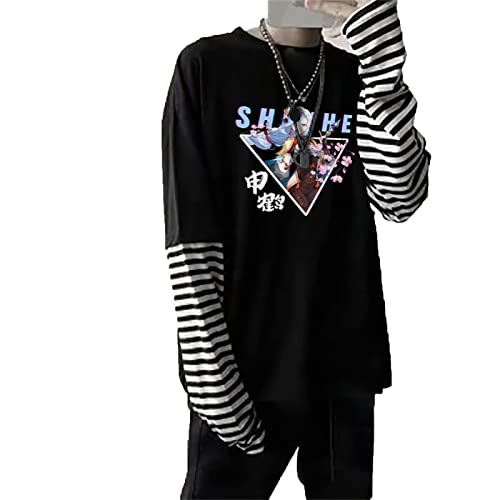 kewing Anime Genshin Impact XIAO Bedrucktes Langarm T-Shirt Streetwear Hip Hop Unisex Oversize Fake Two T-Shirts mit Streifen Sleeve von kewing