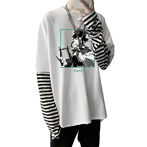 kewing Anime Genshin Impact XIAO Bedrucktes Langarm T-Shirt Streetwear Hip Hop Unisex Oversize Fake Two T-Shirts mit Streifen Sleeve von kewing