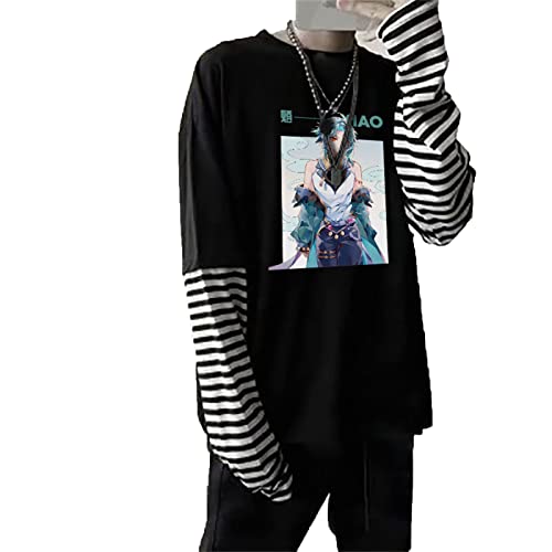 kewing Anime Genshin Impact XIAO Bedrucktes Langarm T-Shirt Streetwear Hip Hop Unisex Oversize Fake Two T-Shirts mit Streifen Sleeve von kewing