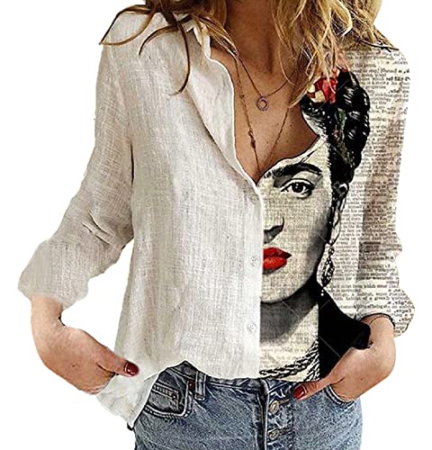 kewing Damen Ölgemälde Leinen Baumwoll Hemd - Beiläufig Übergröße Atmungsaktive Roll Up Ärmel V-Ausschnitt Lose Bluse von kewing