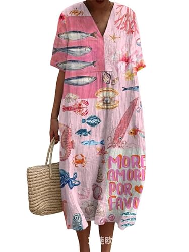 Damen Ocean Fish Print Midikleider Vintage Gesmokt Kurzarm Sommer Casual Hawaiianisch Strand Kleid mit V-Ausschnitt von kewing