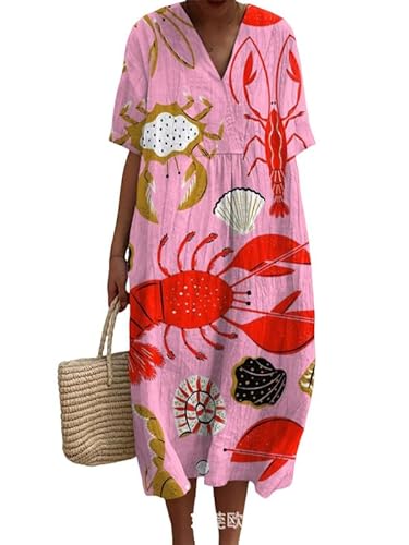 Damen Ocean Fish Print Midikleider Vintage Gesmokt Kurzarm Sommer Casual Hawaiianisch Strand Kleid mit V-Ausschnitt von kewing