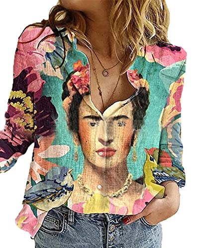 kewing Frauen Baumwolle Leinen Hemd Casual Langarm Maler Gesicht Gedruckt Tops Bluse Button Down Basic Shirts S-XXXL von kewing