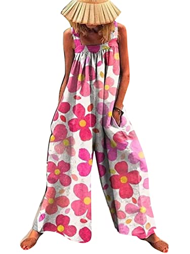 kewing Frauen Blumen Bedruckte Overalls Lässige ärmellose Strampler Baggy Latzhose Breite Beinhose Plus Größe von kewing