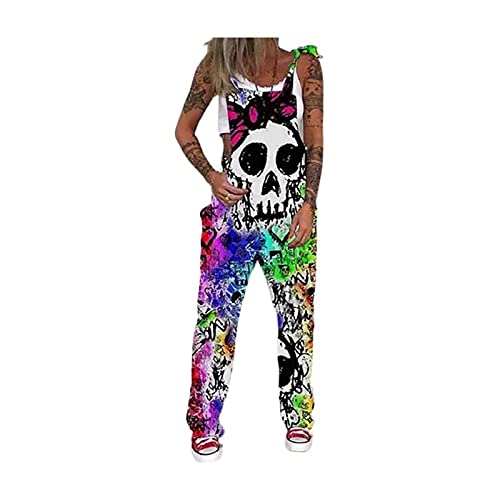 kewing Frauen Retro Totenkopf Print Punk Overall Sonnenblumen Printed Latzhose für Frauen Overall Latzhose Hosen TRO von kewing