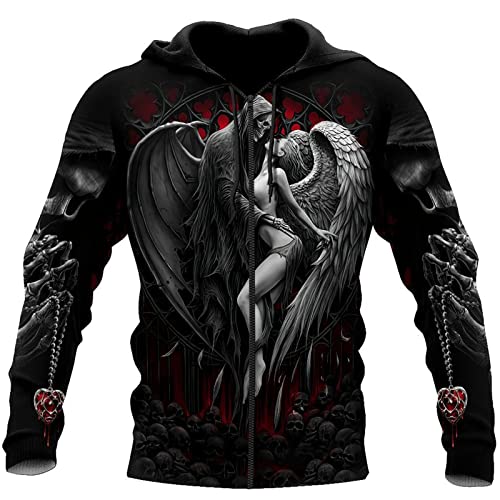 kewing Herren Angel Skull Pattern Hoodies Gothic Angel Skull Printed Zip Cardigan Unisex Zipper Pullover mit Taschen von kewing
