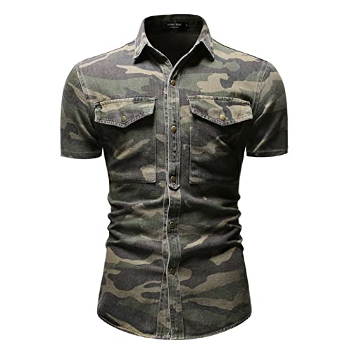 kewing Herren-Camouflage-Jeanshemden Lässige Retro-Jeanshemden Große Taschen Slim Fit Camo Kurzarm-Oberteile von kewing