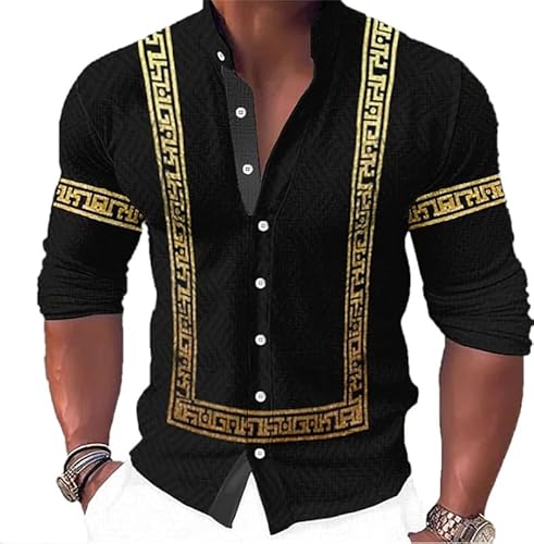 kewing Herren Freizeithemd mit Stehkragen Retro Baroque Grafik Button Down Langarm Hemden Mode Regular Button Bluse Outdoor Street Top von kewing