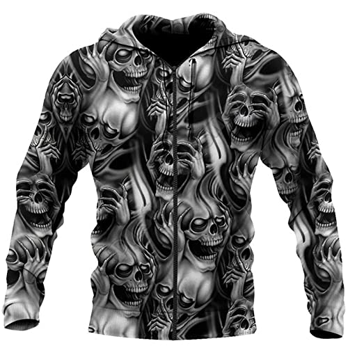 kewing Herren Hoodie 3D Print Gothic Totenkopf Reißverschluss Pullover Totenkopf Gedruckt Langarm Strickjacke Sweatshirts Mit Tasche von kewing