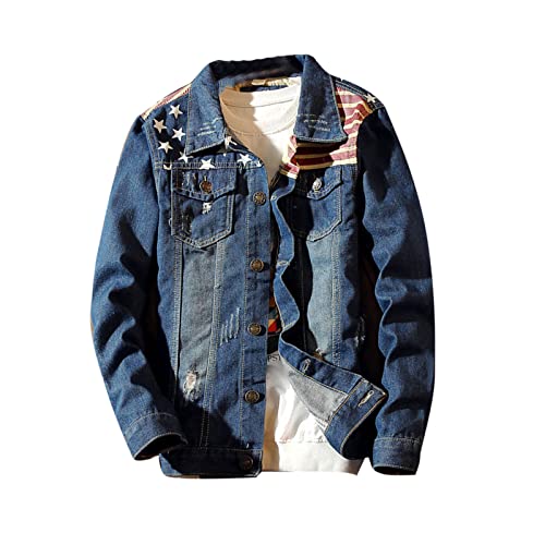 kewing Herren Jeansjacken Jeansmäntel mit amerikanischem Flaggen-Print Star & Striped Slim Fit Jeansjacke Mäntel von kewing