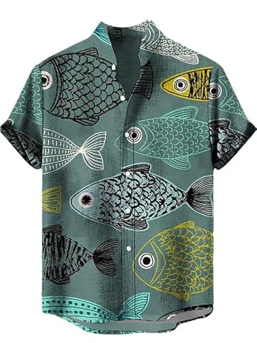 kewing Herren Kurzarm Hemden Fisch Bedruckt Stehkragen Button Down Hemden Regular Fit Bluse Sommer Strand Urlaub Top von kewing
