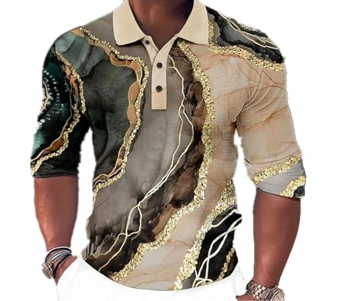 kewing Herren-Polo im Used-Look Marmor 3D gedruckt Langarm-Sweatshirts Vintage Button Down Polohemd Streetwear Polo Pullover Oberteil von kewing