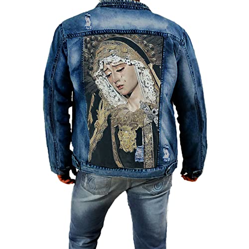 kewing Herren Punk-Jeansjacke Virgin Mary Retro-Jeansjacke mit grafischem Print Schlanke Langarm-Streetwear-Reversjacke von kewing