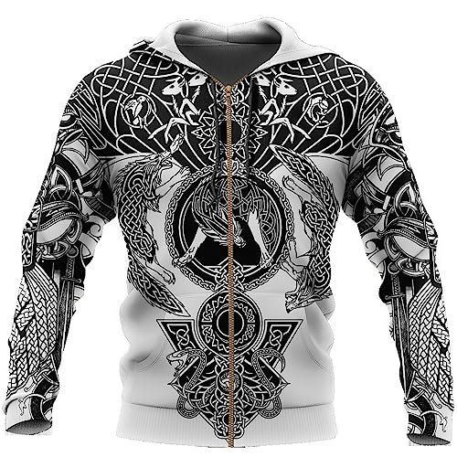 kewing Herren Reißverschluss Hoodie Wikinger Tattoo 3D Gedruckter Reißverschluss Pullover Lässige Langarm Kapuzen-Sweatshirts Jacke mit Taschen von kewing