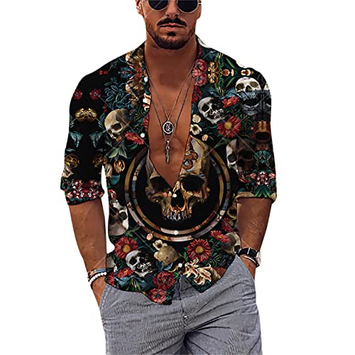 kewing Herren Totenkopf bedrucktes Hemd Langarm Blumendruck Lässige Button Down Hemden von kewing