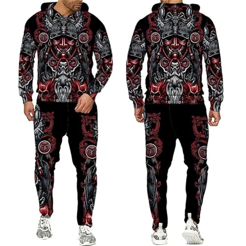 kewing Herren Trainingsanzug Komplettes Set Samurai Tattoo 3D Gedruckt Hoodie und Jogginghose Set Hip Hop Zweiteiliges Set Lässige Sportbekleidung Set von kewing