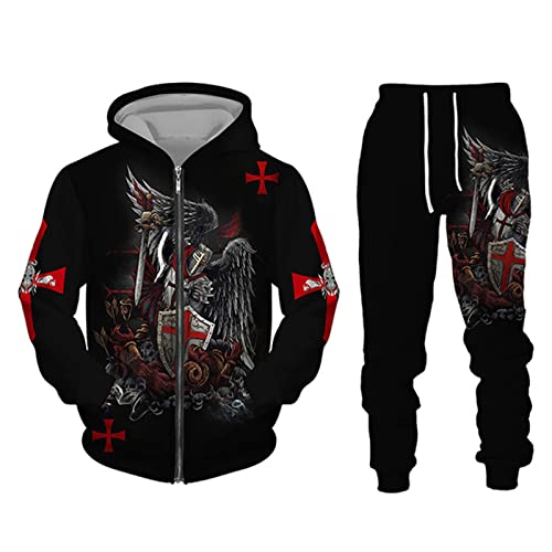 kewing Herren Trainingsanzug Set Ritter Templer 3D gedruckt Reißverschluss Hoodie und Jogginghose Mode Casual 2 Stück Set Sweatshirt Anzüge von kewing