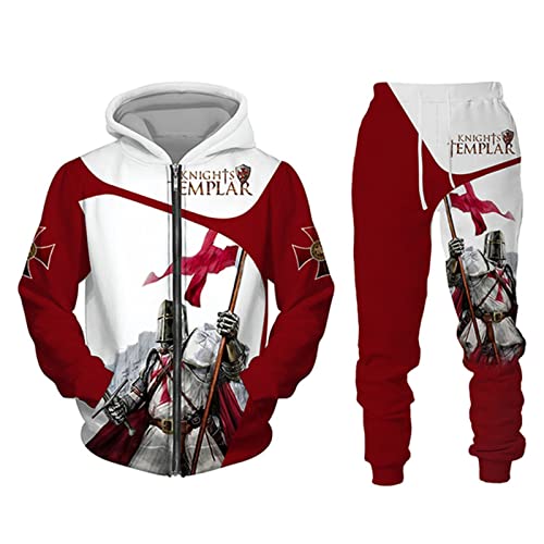 kewing Herren Trainingsanzug Set Ritter Templer 3D gedruckt Reißverschluss Hoodie und Jogginghose Mode Casual 2 Stück Set Sweatshirt Anzüge von kewing