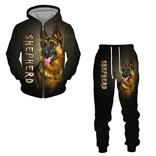 kewing Herren Trainingsanzug Set Schäferhund 3D gedruckt Reißverschluss Hoodie und Jogginghose Mode Casual 2 Stück Set Sweatshirt Anzüge von kewing