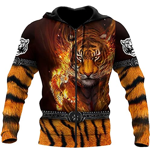 kewing Herren Viking Hoodies Casual 3D Animal Tiger Print Sweatshirt Zip Pullover Jacke, M von kewing