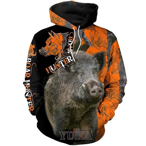 kewing Herren Wildschwein Jäger 3D gedruckte Kapuzenpullover Langarm Sweatshirt Unisex Outdoor Street Sportswear Kapuzenpullover von kewing